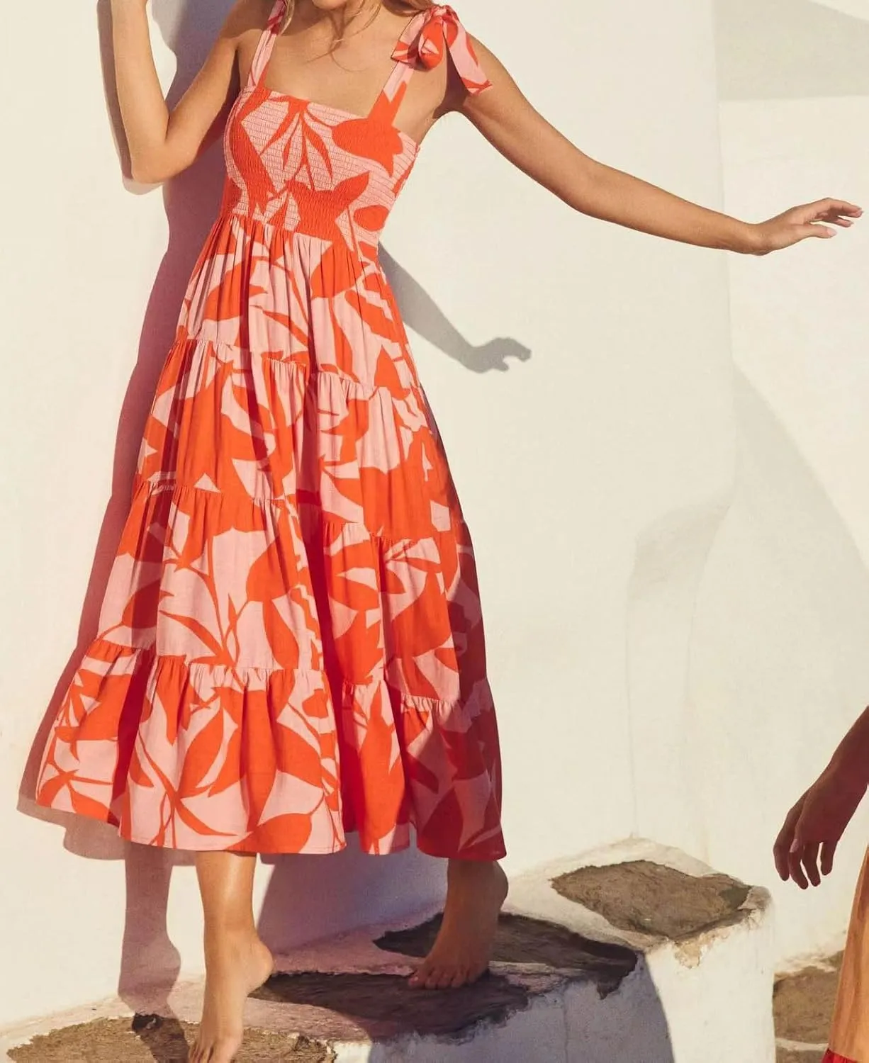 Women 2024 Summer Floral Print Boho Dress Spaghetti Straps Ruffle A Line Beach Long Maxi Dress
