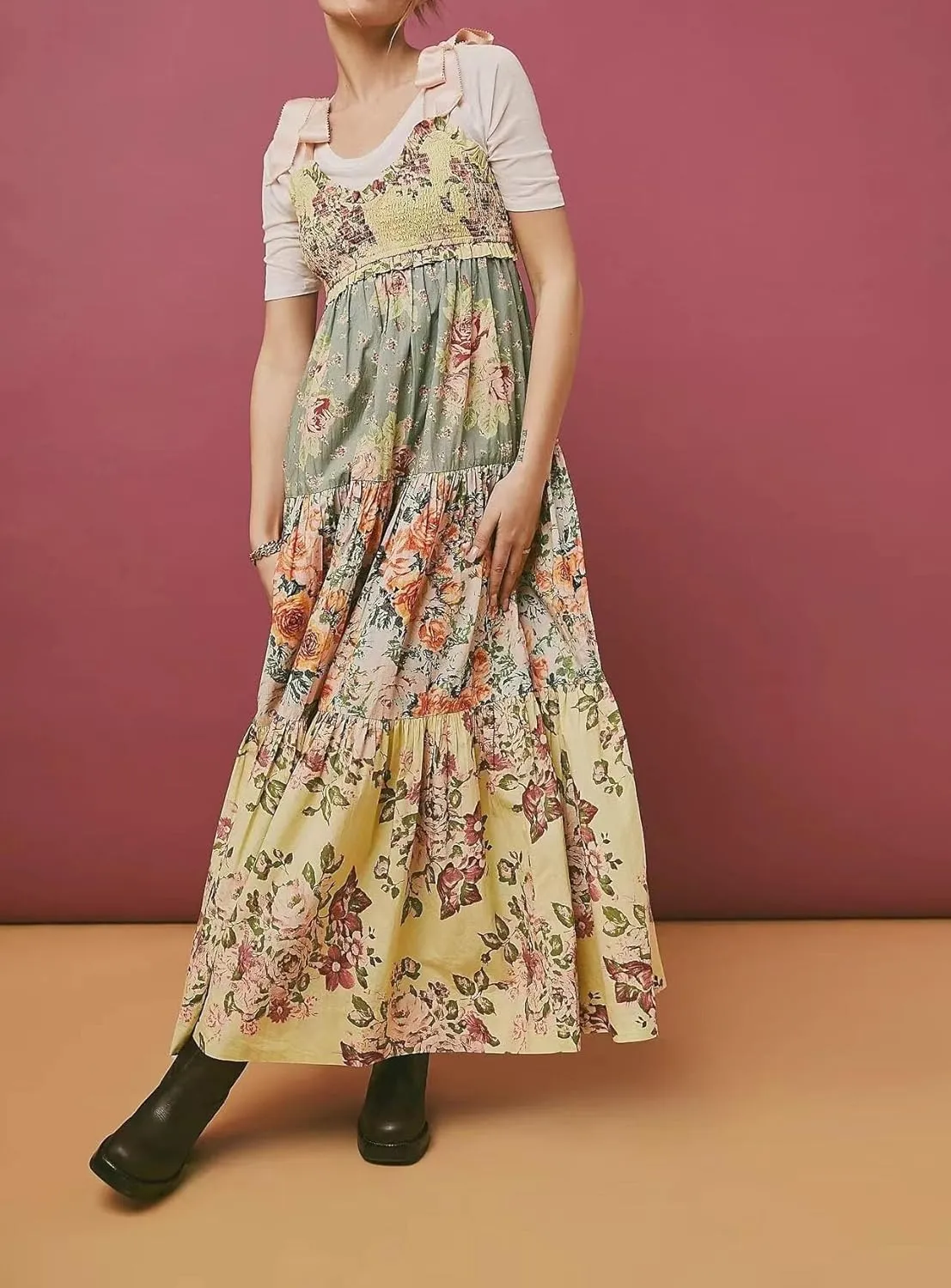 Women 2024 Summer Floral Print Boho Dress Spaghetti Straps Ruffle A Line Beach Long Maxi Dress