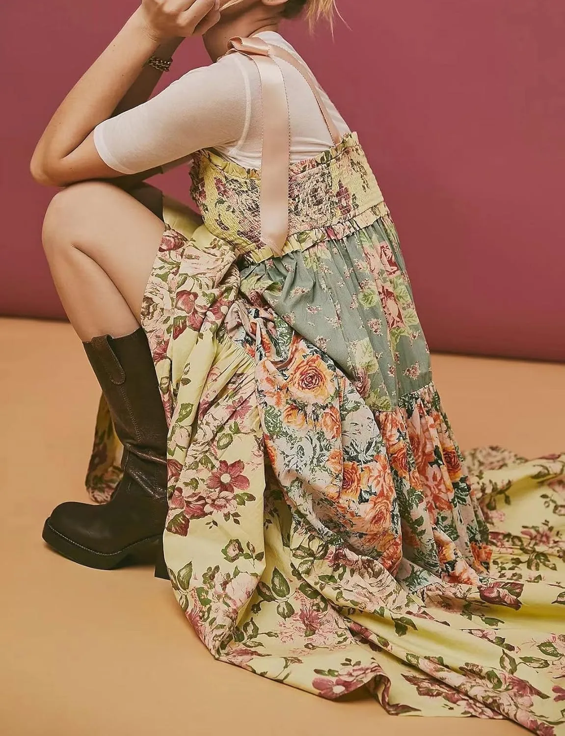 Women 2024 Summer Floral Print Boho Dress Spaghetti Straps Ruffle A Line Beach Long Maxi Dress