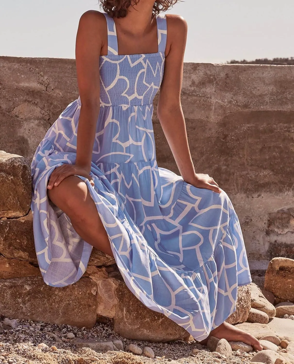Women 2024 Summer Floral Print Boho Dress Spaghetti Straps Ruffle A Line Beach Long Maxi Dress