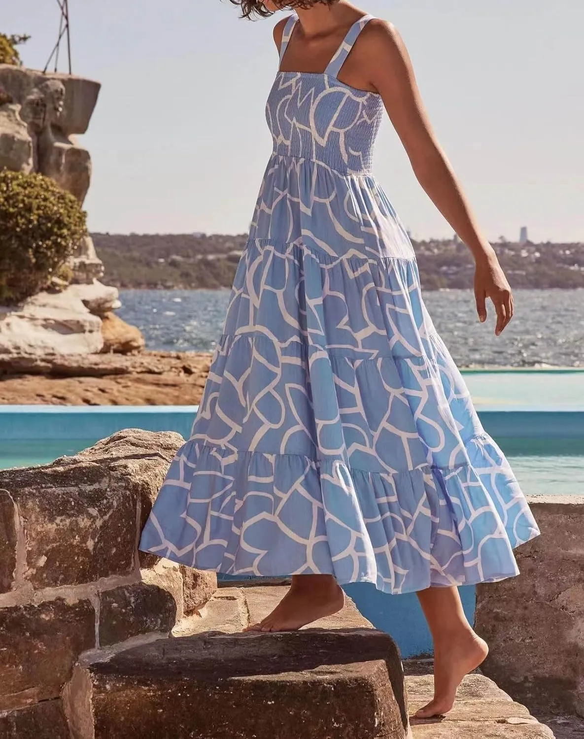 Women 2024 Summer Floral Print Boho Dress Spaghetti Straps Ruffle A Line Beach Long Maxi Dress