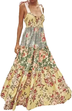 Women 2024 Summer Floral Print Boho Dress Spaghetti Straps Ruffle A Line Beach Long Maxi Dress