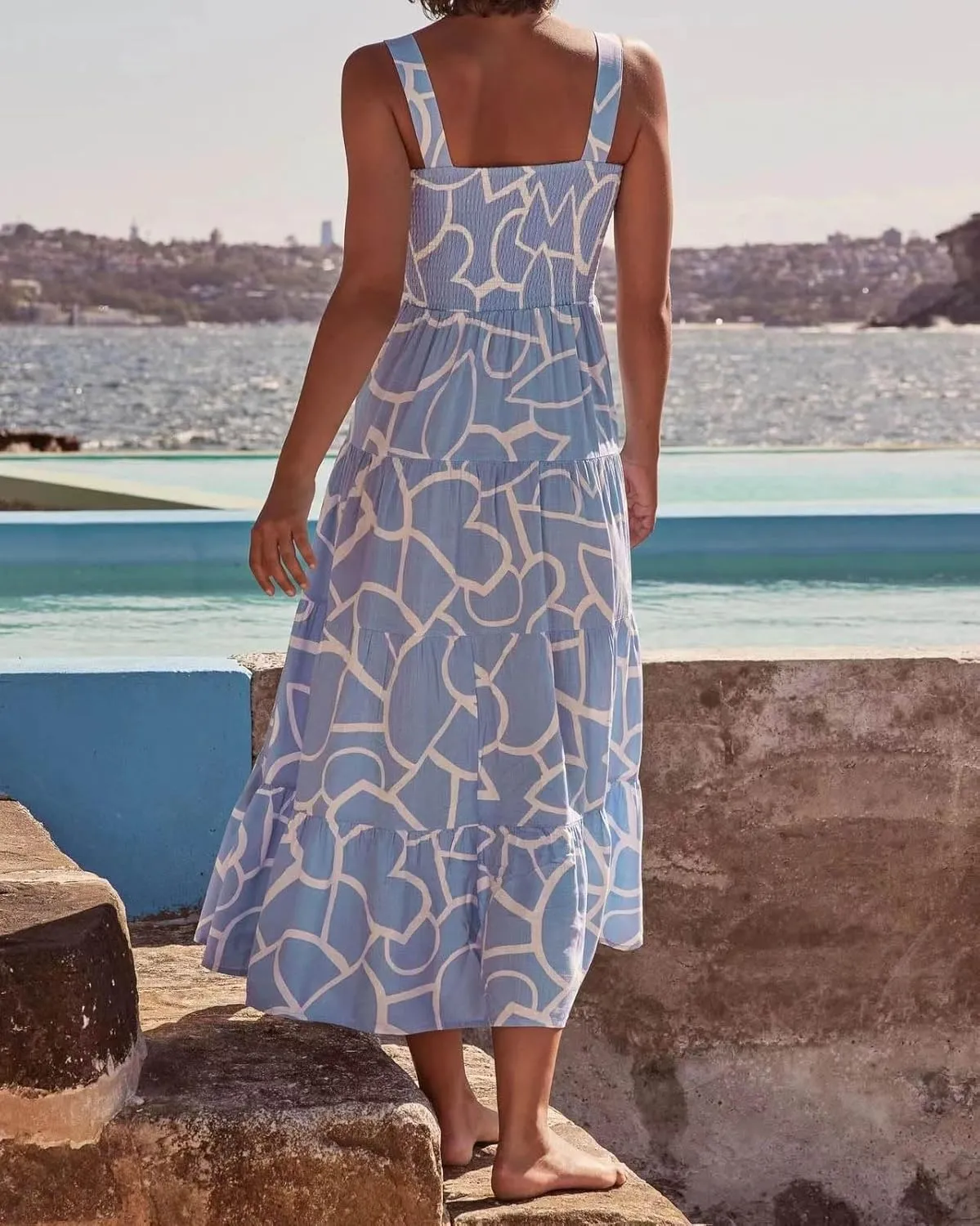 Women 2024 Summer Floral Print Boho Dress Spaghetti Straps Ruffle A Line Beach Long Maxi Dress