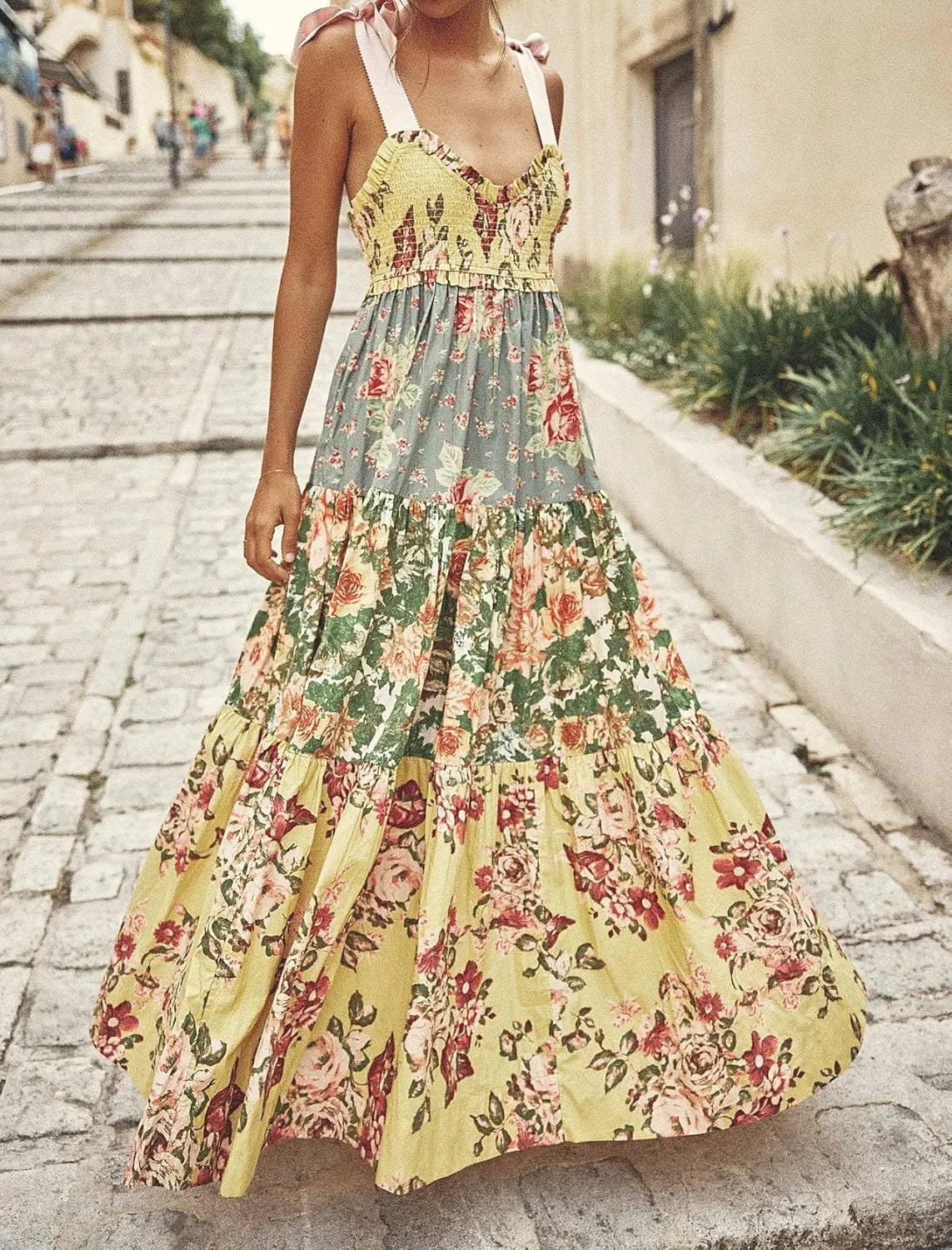 Women 2024 Summer Floral Print Boho Dress Spaghetti Straps Ruffle A Line Beach Long Maxi Dress