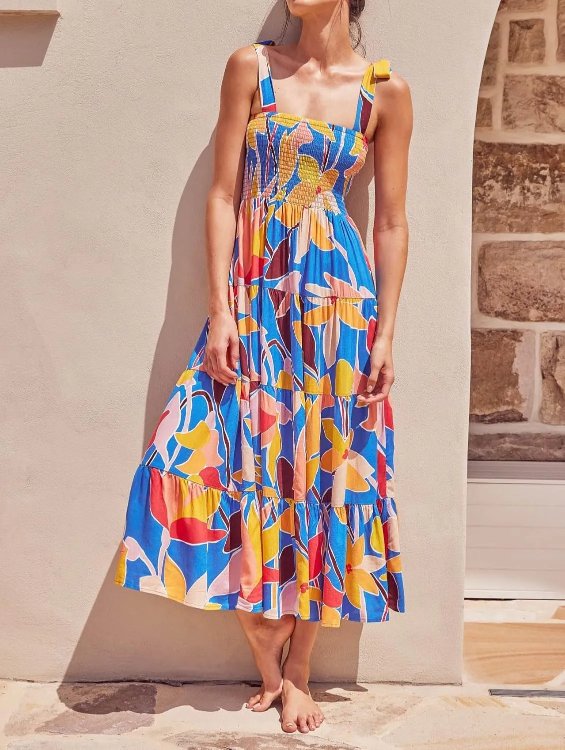 Women 2024 Summer Floral Print Boho Dress Spaghetti Straps Ruffle A Line Beach Long Maxi Dress