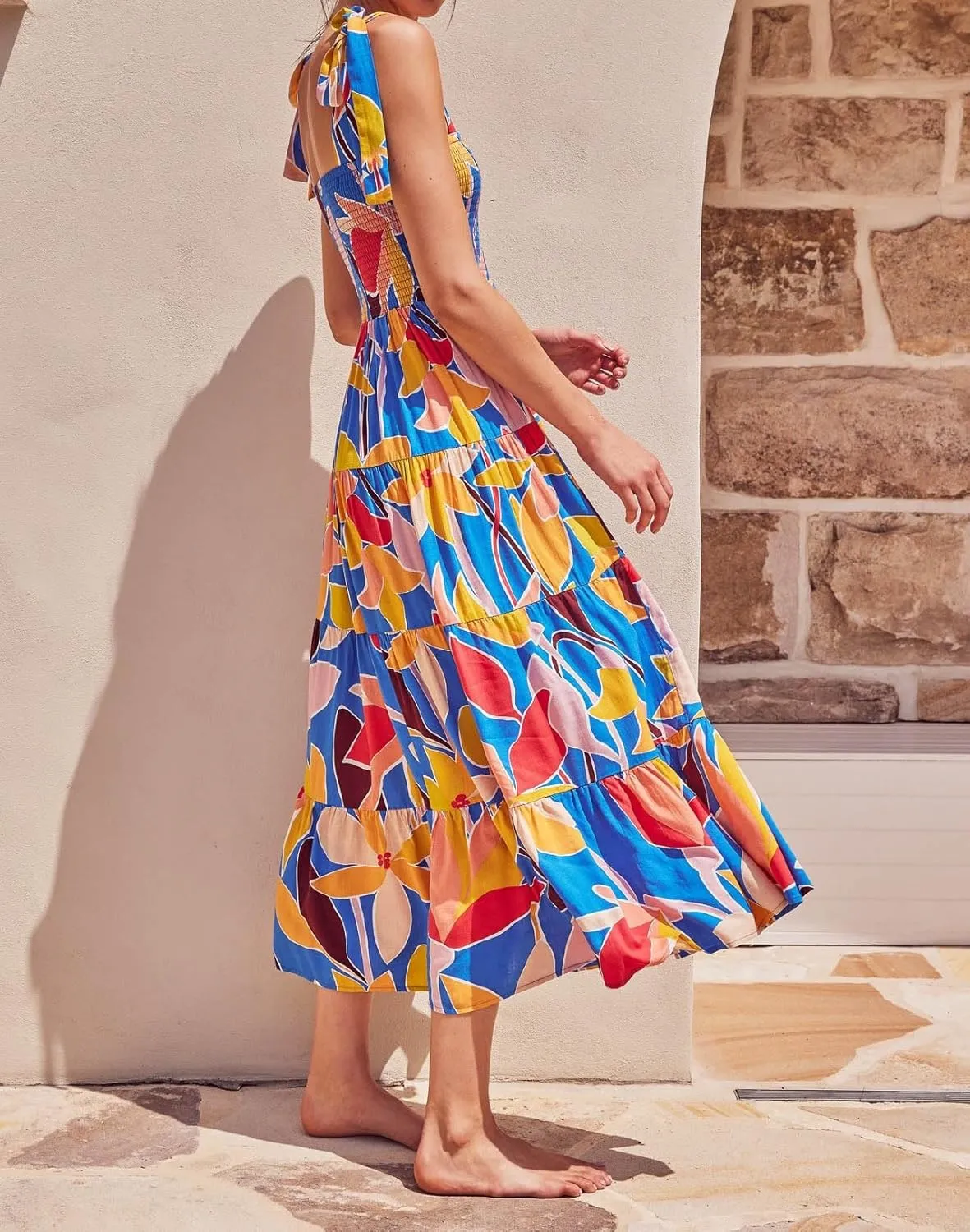 Women 2024 Summer Floral Print Boho Dress Spaghetti Straps Ruffle A Line Beach Long Maxi Dress