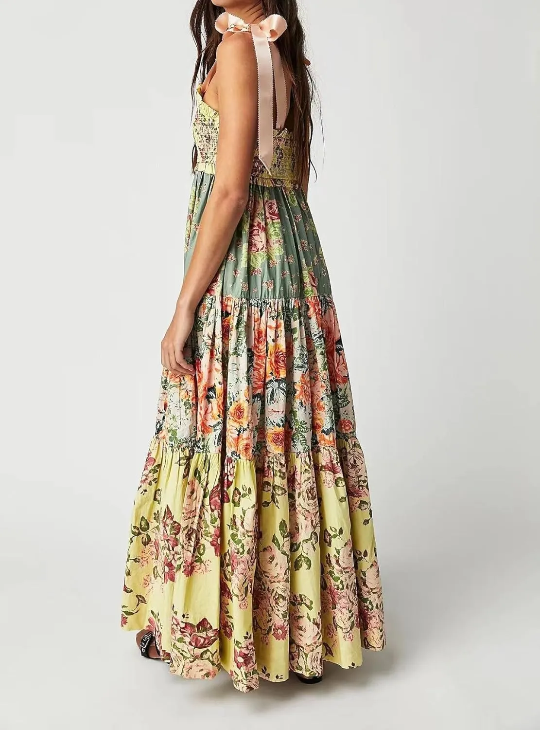 Women 2024 Summer Floral Print Boho Dress Spaghetti Straps Ruffle A Line Beach Long Maxi Dress