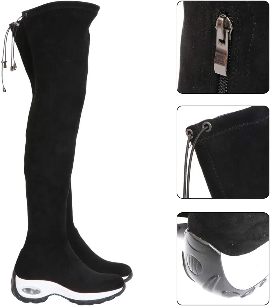 Women Boots Overknees, Winter Suede Long Shaft Boots Knee High Lace Up Boots with Zipper, Lightweight Sneakers Cushioning Sports Winter Boots, 230mm