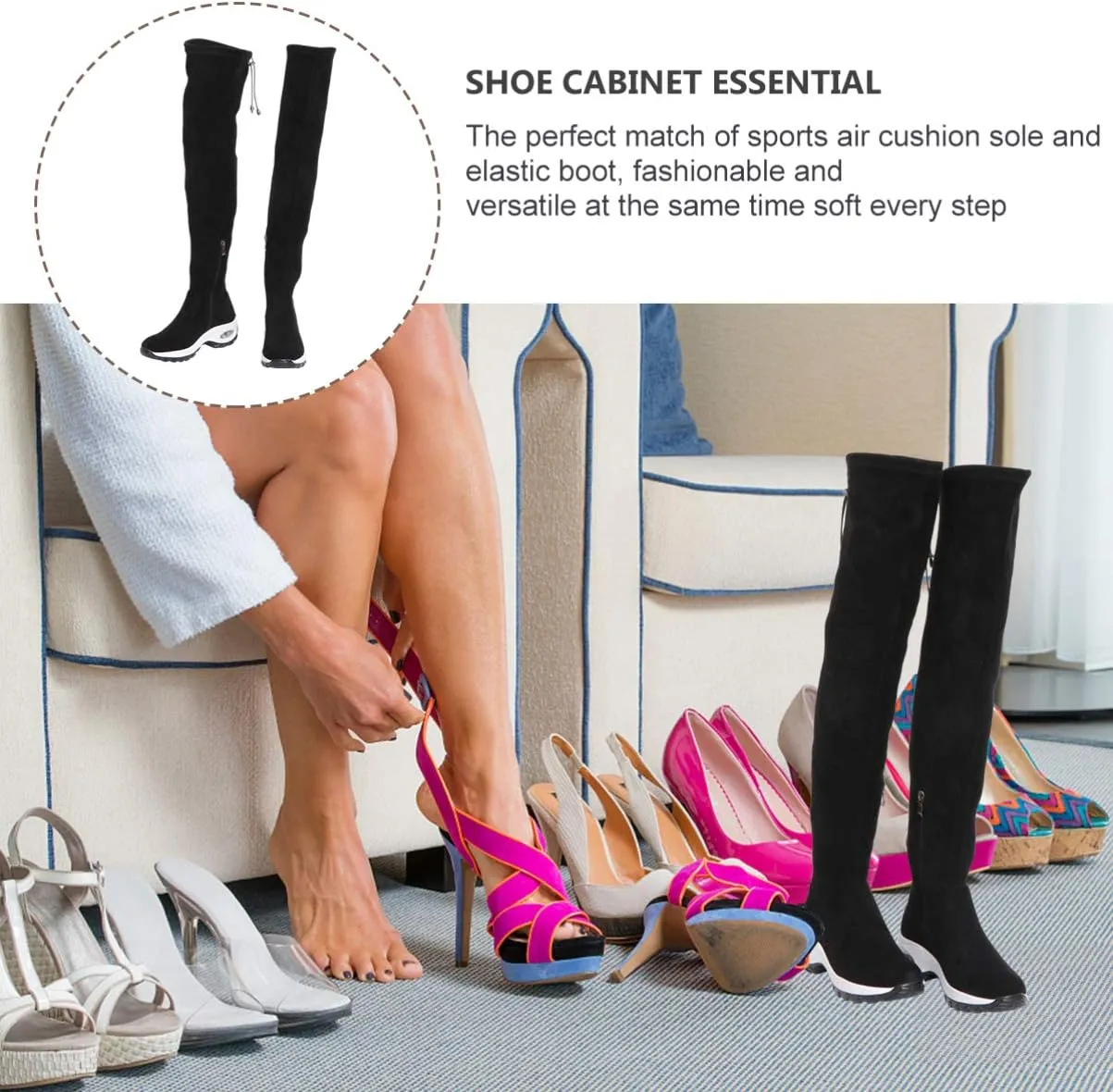 Women Boots Overknees, Winter Suede Long Shaft Boots Knee High Lace Up Boots with Zipper, Lightweight Sneakers Cushioning Sports Winter Boots, 230mm