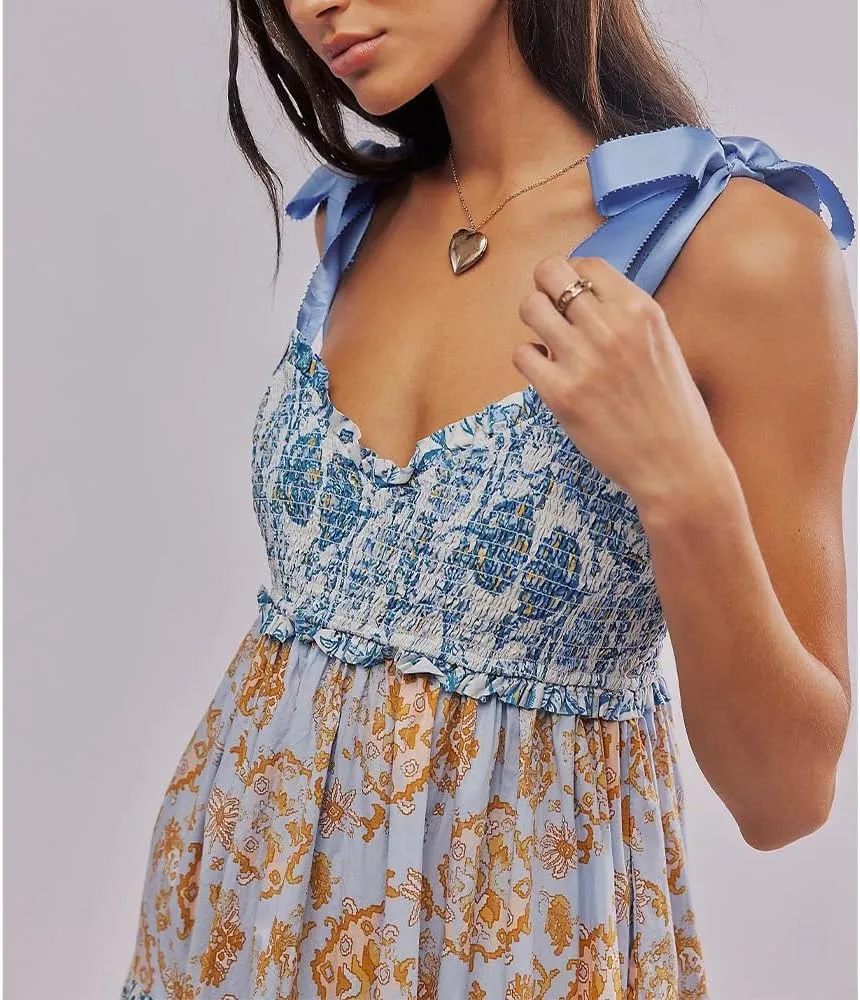 Women Floral Boho Sundress Tie Shoulder Smocked Patchwork Flowy Maxi Dresses with Pockets Summer Fall