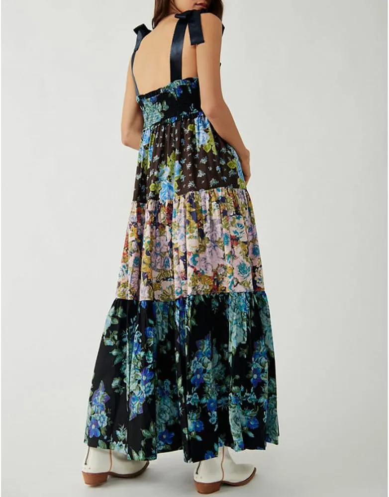 Women Floral Boho Sundress Tie Shoulder Smocked Patchwork Flowy Maxi Dresses with Pockets Summer Fall