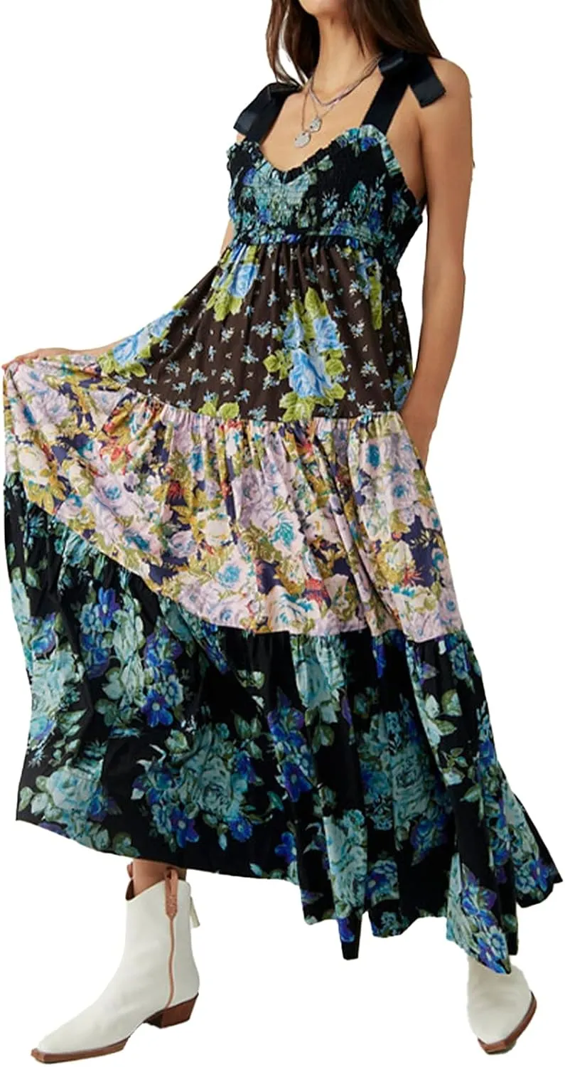 Women Floral Boho Sundress Tie Shoulder Smocked Patchwork Flowy Maxi Dresses with Pockets Summer Fall