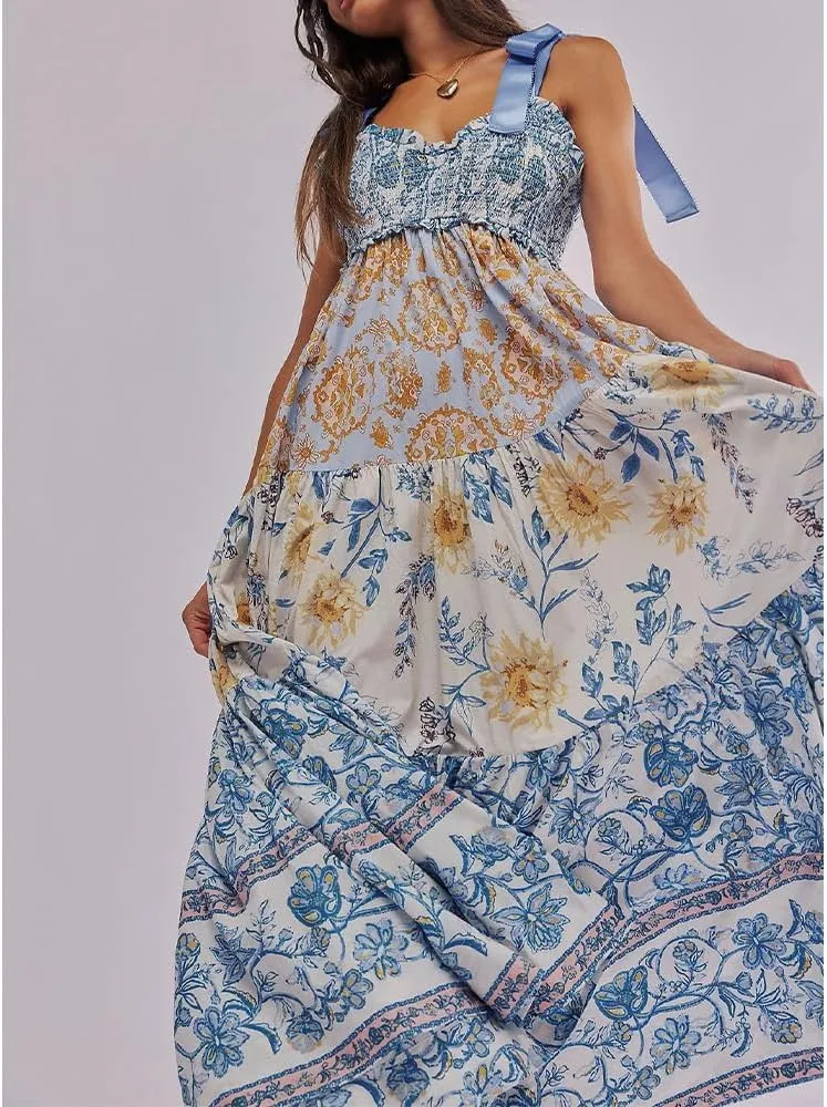 Women Floral Boho Sundress Tie Shoulder Smocked Patchwork Flowy Maxi Dresses with Pockets Summer Fall