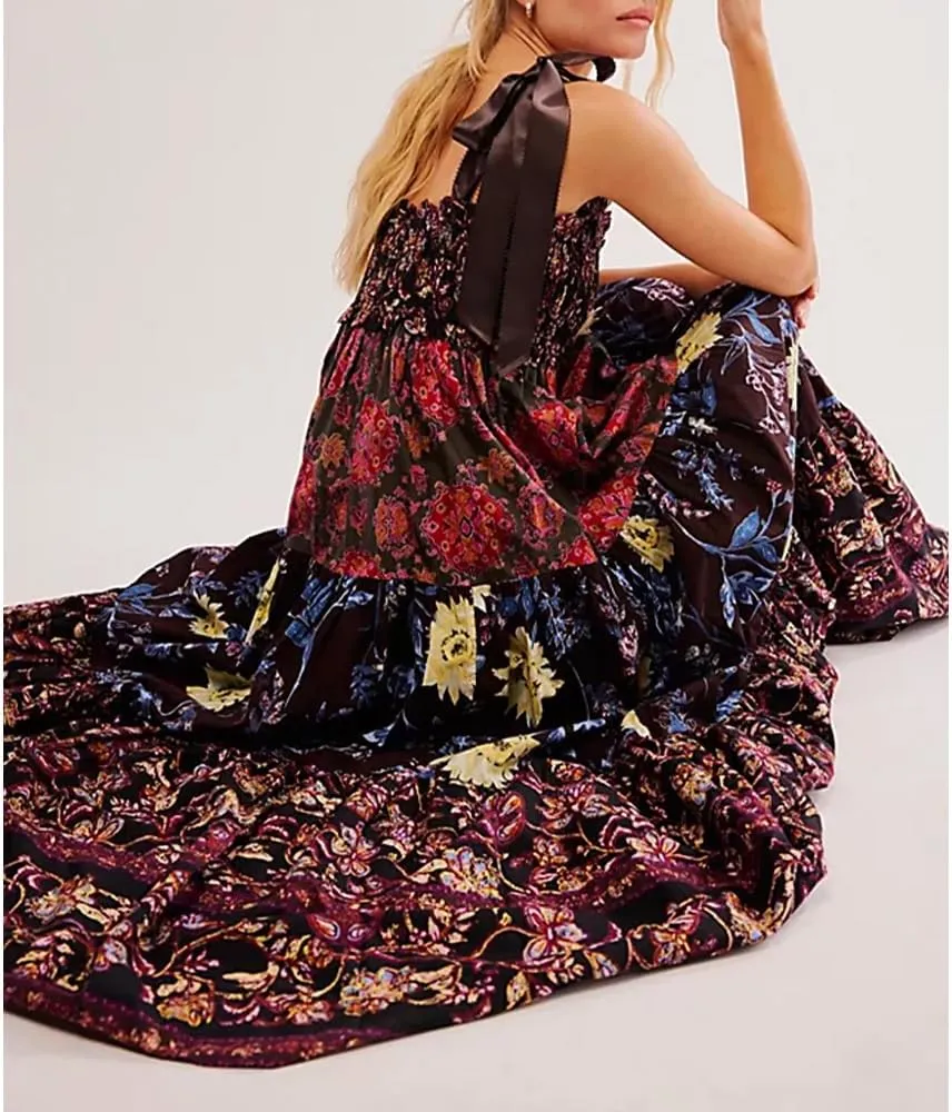 Women Floral Boho Sundress Tie Shoulder Smocked Patchwork Flowy Maxi Dresses with Pockets Summer Fall