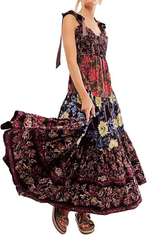 Women Floral Boho Sundress Tie Shoulder Smocked Patchwork Flowy Maxi Dresses with Pockets Summer Fall