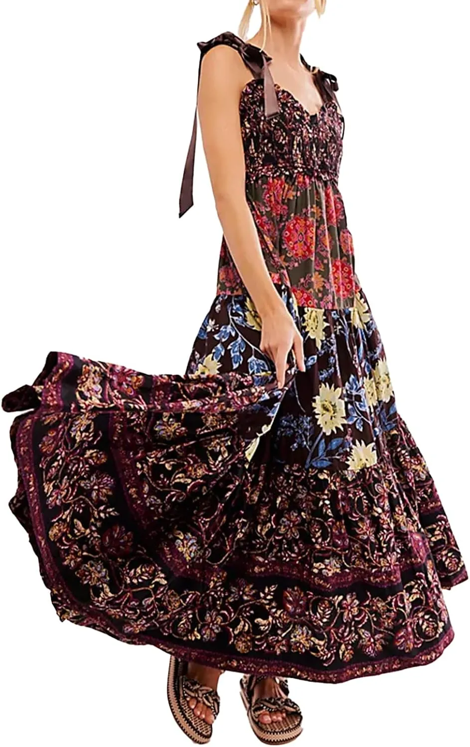Women Floral Boho Sundress Tie Shoulder Smocked Patchwork Flowy Maxi Dresses with Pockets Summer Fall