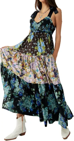 Women Floral Boho Sundress Tie Shoulder Smocked Patchwork Flowy Maxi Dresses with Pockets Summer Fall