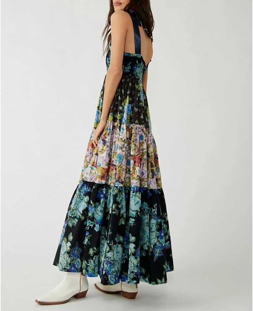 Women Floral Boho Sundress Tie Shoulder Smocked Patchwork Flowy Maxi Dresses with Pockets Summer Fall
