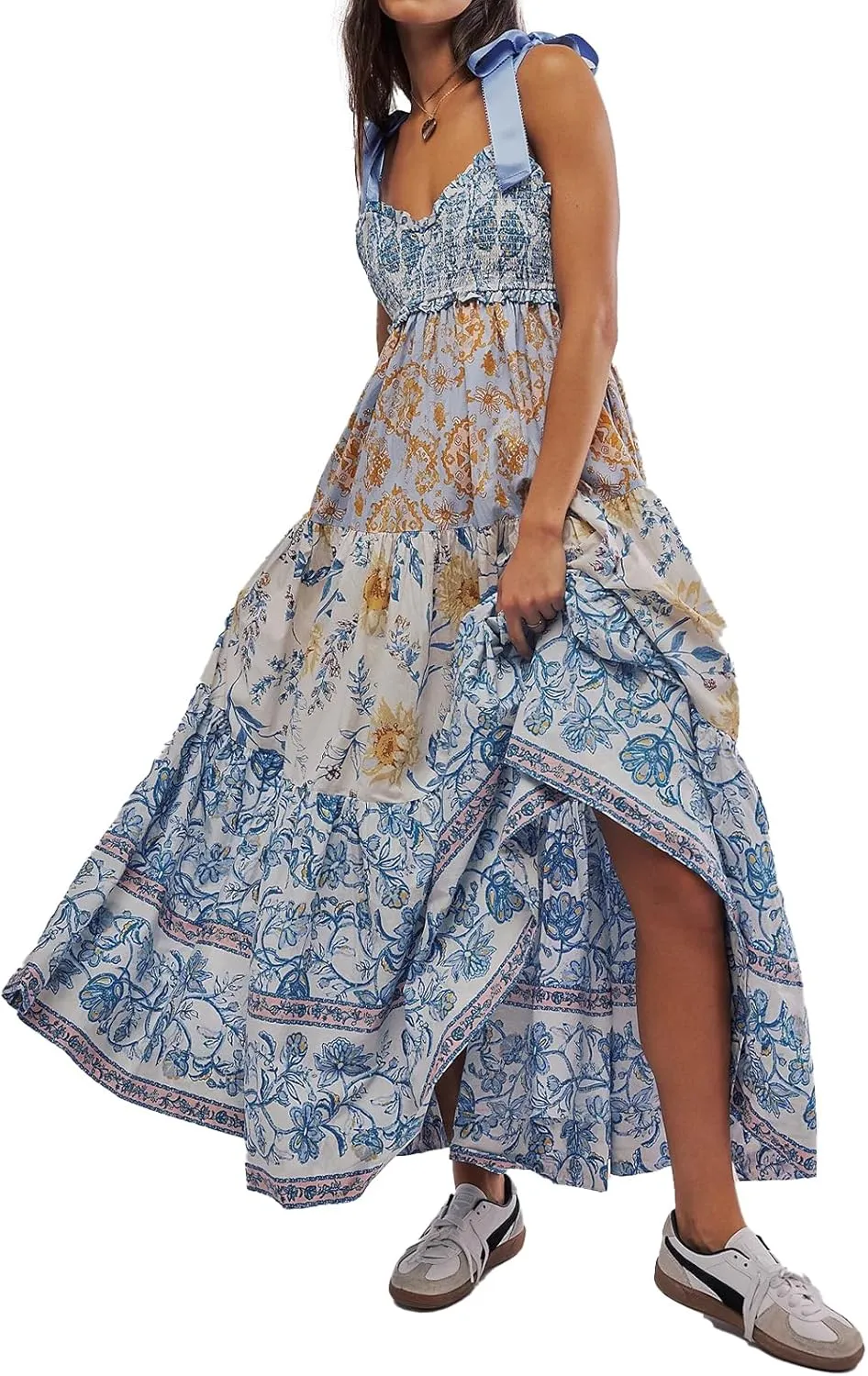 Women Floral Boho Sundress Tie Shoulder Smocked Patchwork Flowy Maxi Dresses with Pockets Summer Fall