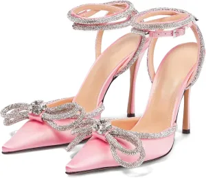 Women High Heeled Sandals Rhinestone Bow Heels Crystal Ankle Strap Stiletto Heeled Pumps Pointed Toe Satin for Bridal Wedding Dress Party Shoes