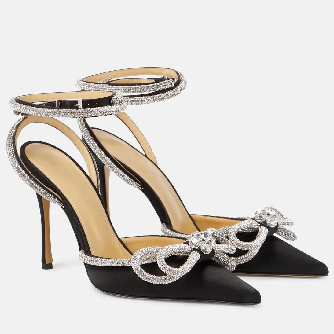 Women High Heeled Sandals Rhinestone Bow Heels Crystal Ankle Strap Stiletto Heeled Pumps Pointed Toe Satin for Bridal Wedding Dress Party Shoes