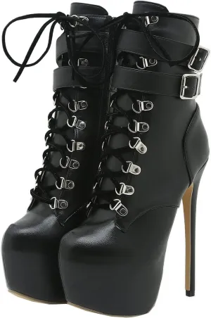 Women Platform Lace Up Stiletto High Heel Ankle Booties Buckle Strap Round Toe Punk Goth Comfortable Dress Short Boots with Zipper