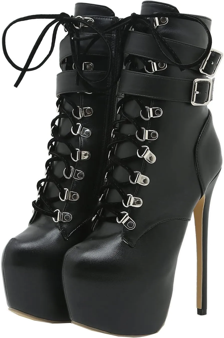 Women Platform Lace Up Stiletto High Heel Ankle Booties Buckle Strap Round Toe Punk Goth Comfortable Dress Short Boots with Zipper