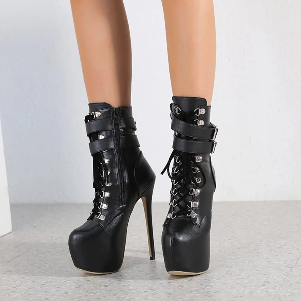 Women Platform Lace Up Stiletto High Heel Ankle Booties Buckle Strap Round Toe Punk Goth Comfortable Dress Short Boots with Zipper