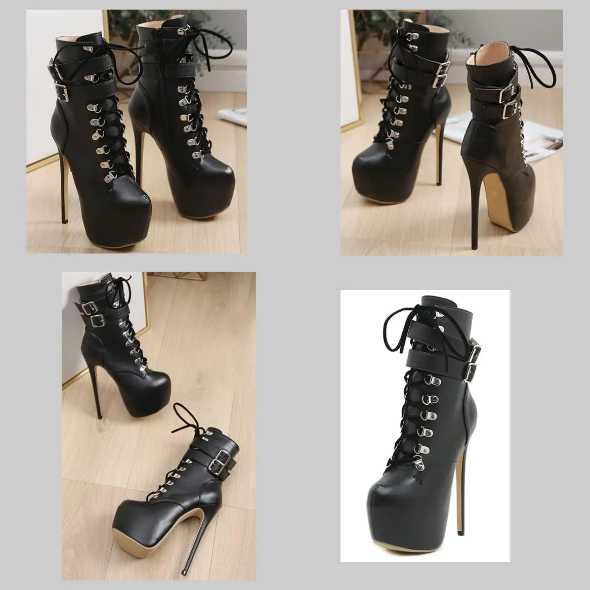 Women Platform Lace Up Stiletto High Heel Ankle Booties Buckle Strap Round Toe Punk Goth Comfortable Dress Short Boots with Zipper