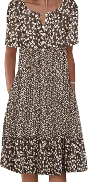 Women Round Neck Dresses 2025 Summer Button Down Short Sleeves Floral Print Midi Boho Wedding Guest Dress with Pockets