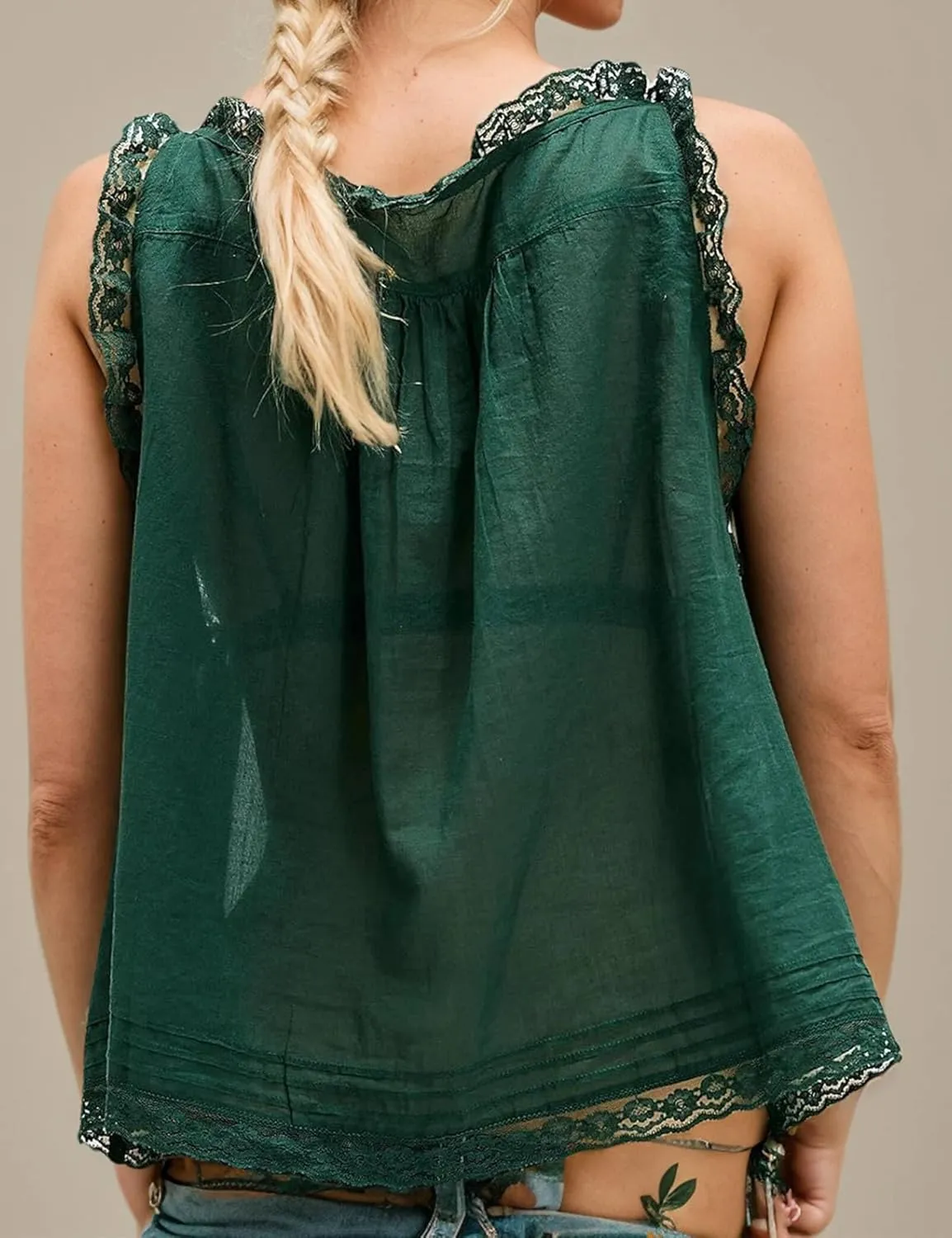 Women Sleeveless Ruffled Lace Tank Top Boho Summer Vacation Top Button Down Front Tie Mesh Lace Cami Shirt