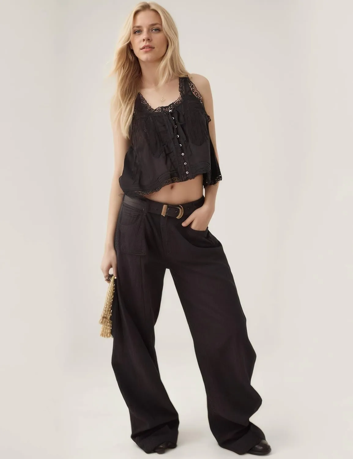 Women Sleeveless Ruffled Lace Tank Top Boho Summer Vacation Top Button Down Front Tie Mesh Lace Cami Shirt