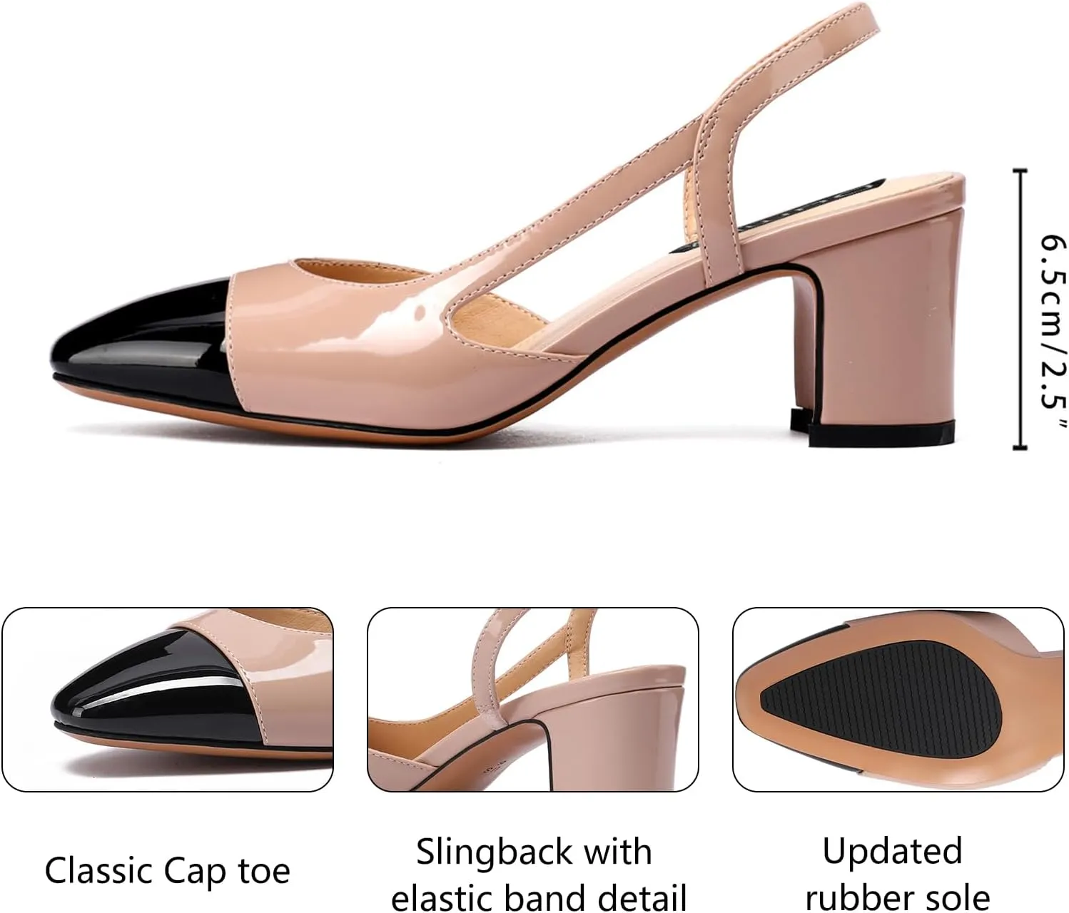 Women Slingback Heeled Sandals Cap Toe Block Mid Heel Pumps Two Toned Chunky Heels Vintage Formal Dress Slide Shoes