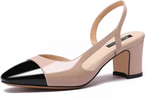 Women Slingback Heeled Sandals Cap Toe Block Mid Heel Pumps Two Toned Chunky Heels Vintage Formal Dress Slide Shoes