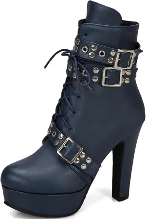 Women Studded Belt Buckle Chunky High Heel Ankle Boots Sexy Round Toe Lace-up Punk Combat Warm Platform Gothic Knight Mid Calf Booties