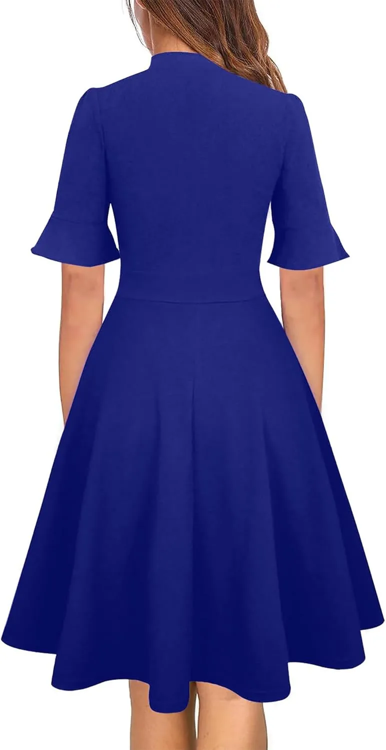 Women Summer Floral Ruffle Sleeve Wear to Work Church Wedding Guest Party Dresses