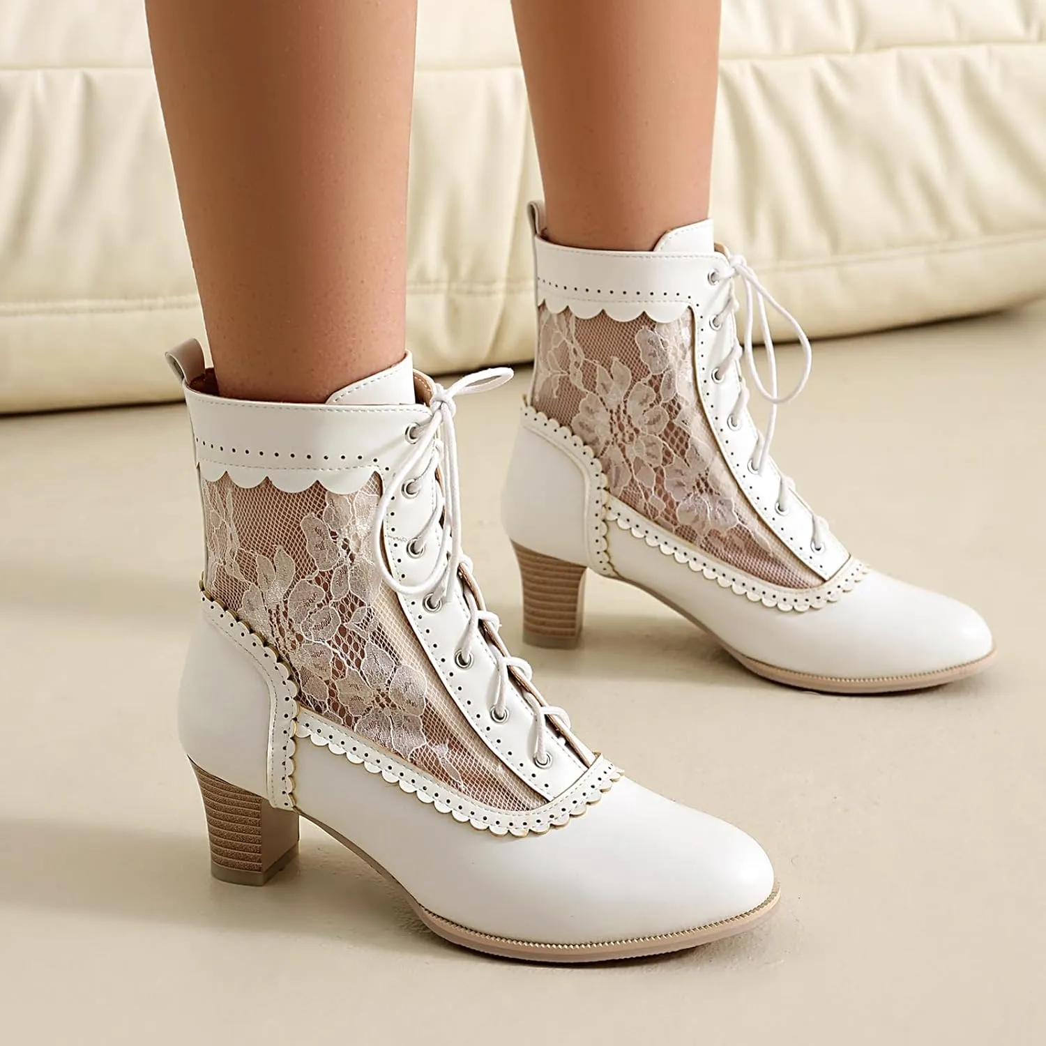 Women Victorian Boots 70s Lace up Ankle Boots Kitten Heel Costume Shoes Side Zipper Round Toe