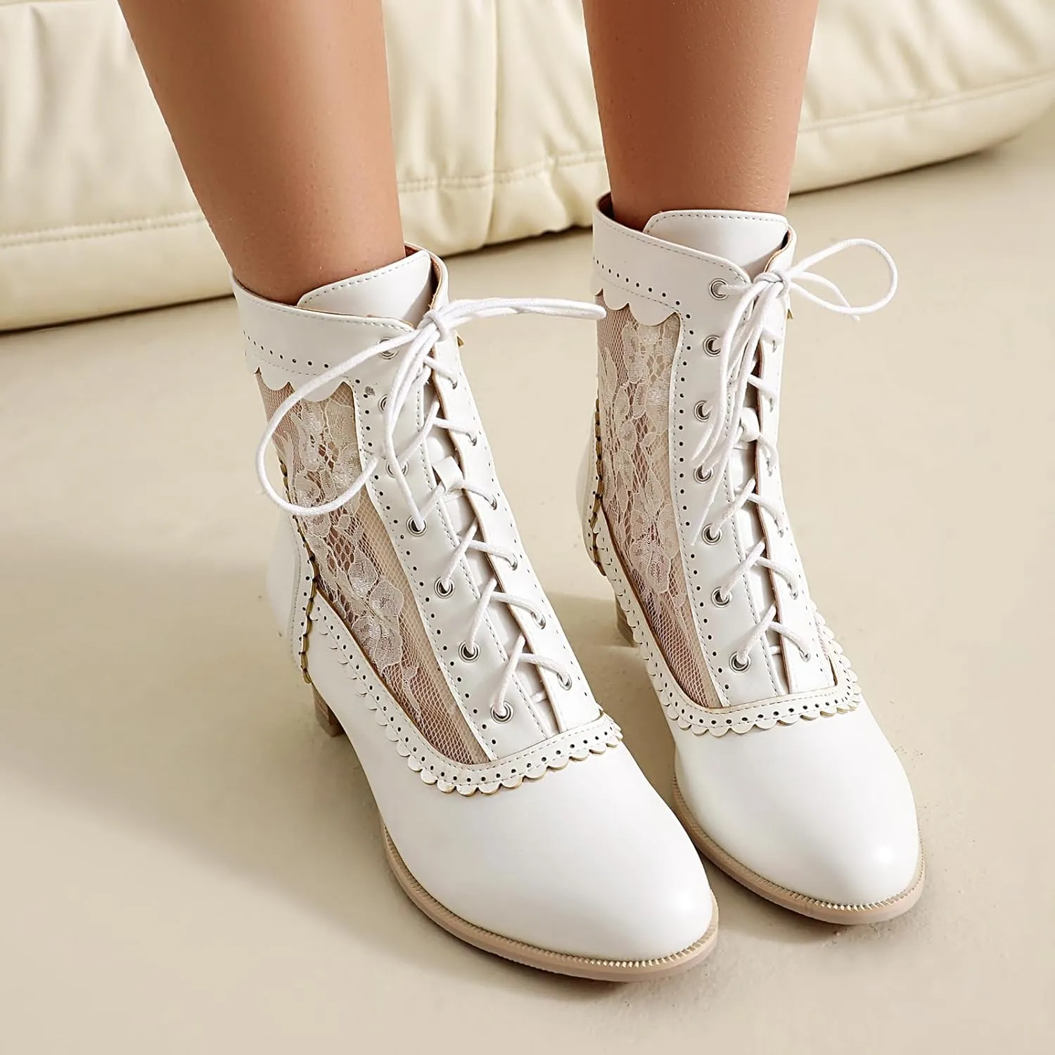 Women Victorian Boots 70s Lace up Ankle Boots Kitten Heel Costume Shoes Side Zipper Round Toe