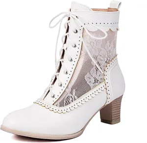 Women Victorian Boots 70s Lace up Ankle Boots Kitten Heel Costume Shoes Side Zipper Round Toe