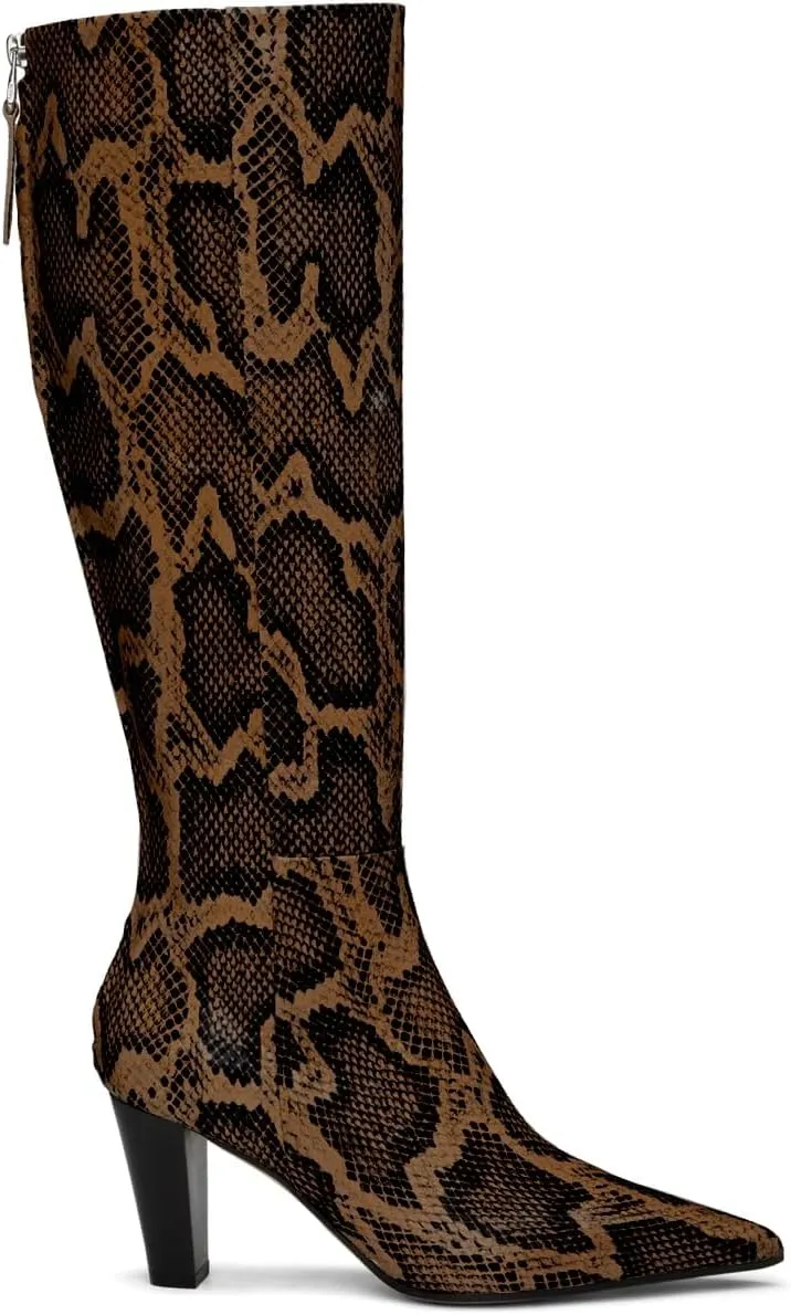 Women Vintage Chunky Block Heel Knee High Western Boots Pointed Closed Toe Snakeskin Boots Back Zipper Under Knee Combat Boots Two-Toned Fall Winter Boot Office Party Dressy Chic 4-11 M US