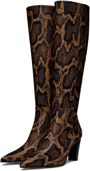 Women Vintage Chunky Block Heel Knee High Western Boots Pointed Closed Toe Snakeskin Boots Back Zipper Under Knee Combat Boots Two-Toned Fall Winter Boot Office Party Dressy Chic 4-11 M US