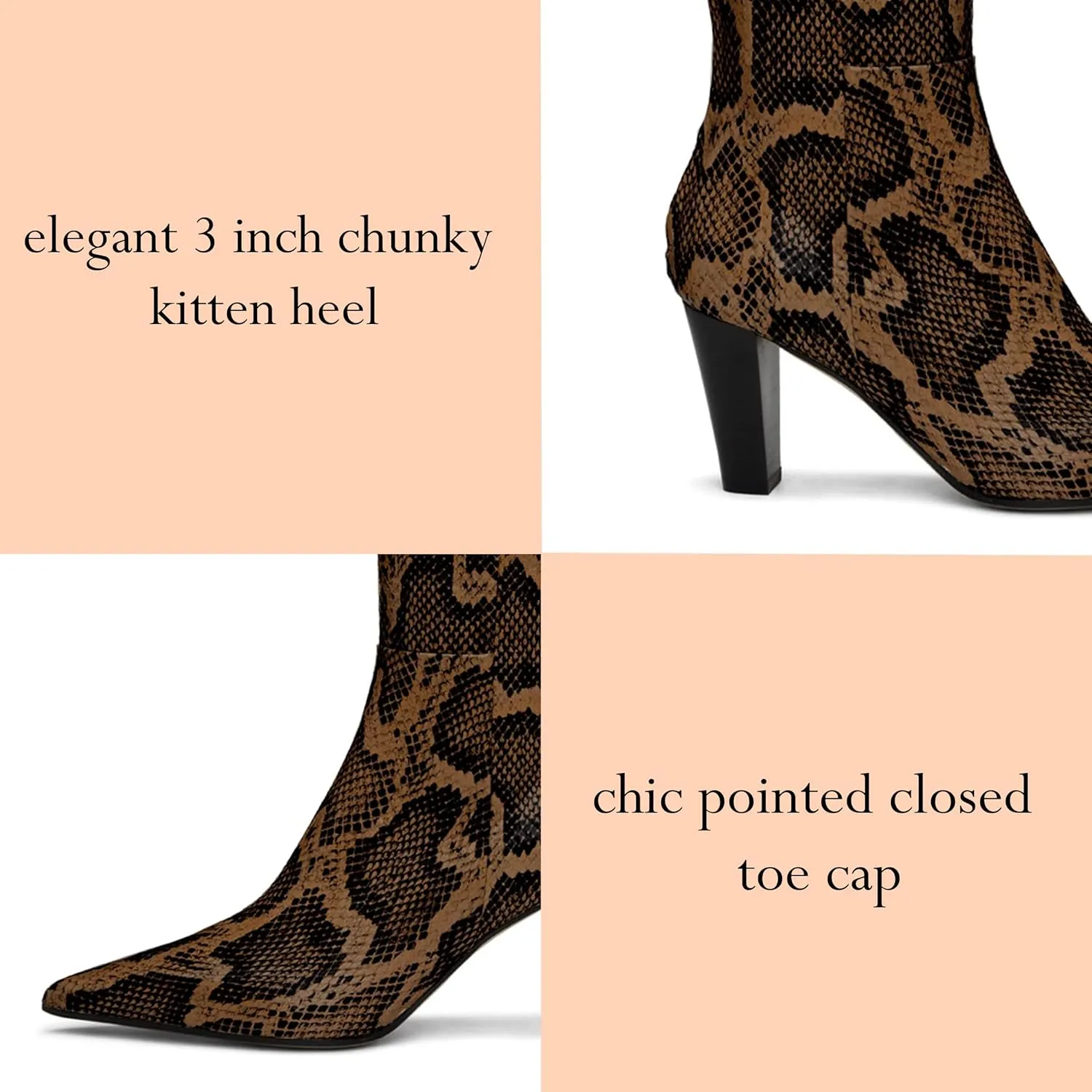 Women Vintage Chunky Block Heel Knee High Western Boots Pointed Closed Toe Snakeskin Boots Back Zipper Under Knee Combat Boots Two-Toned Fall Winter Boot Office Party Dressy Chic 4-11 M US