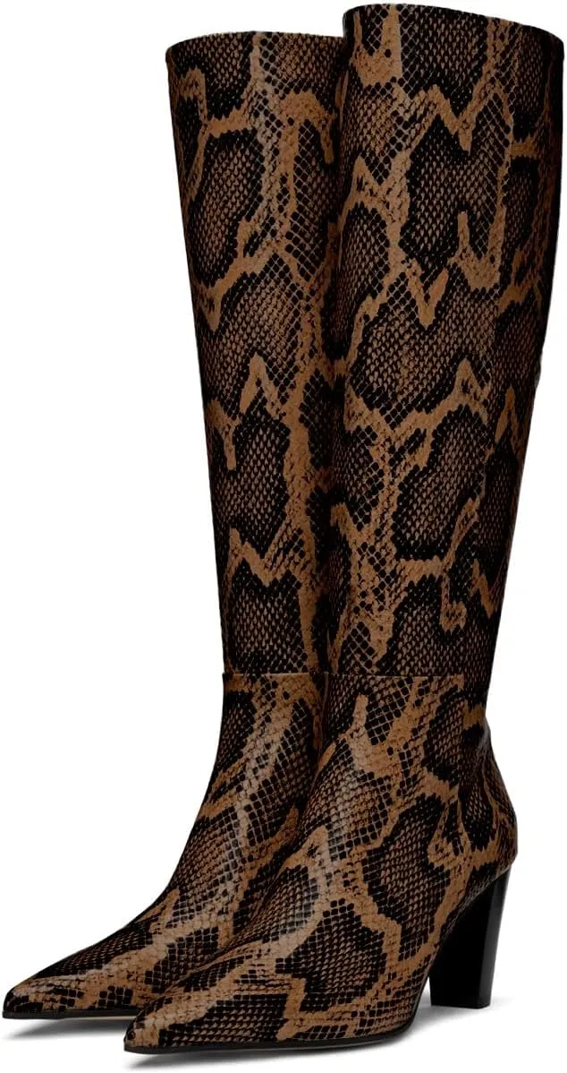 Women Vintage Chunky Block Heel Knee High Western Boots Pointed Closed Toe Snakeskin Boots Back Zipper Under Knee Combat Boots Two-Toned Fall Winter Boot Office Party Dressy Chic 4-11 M US