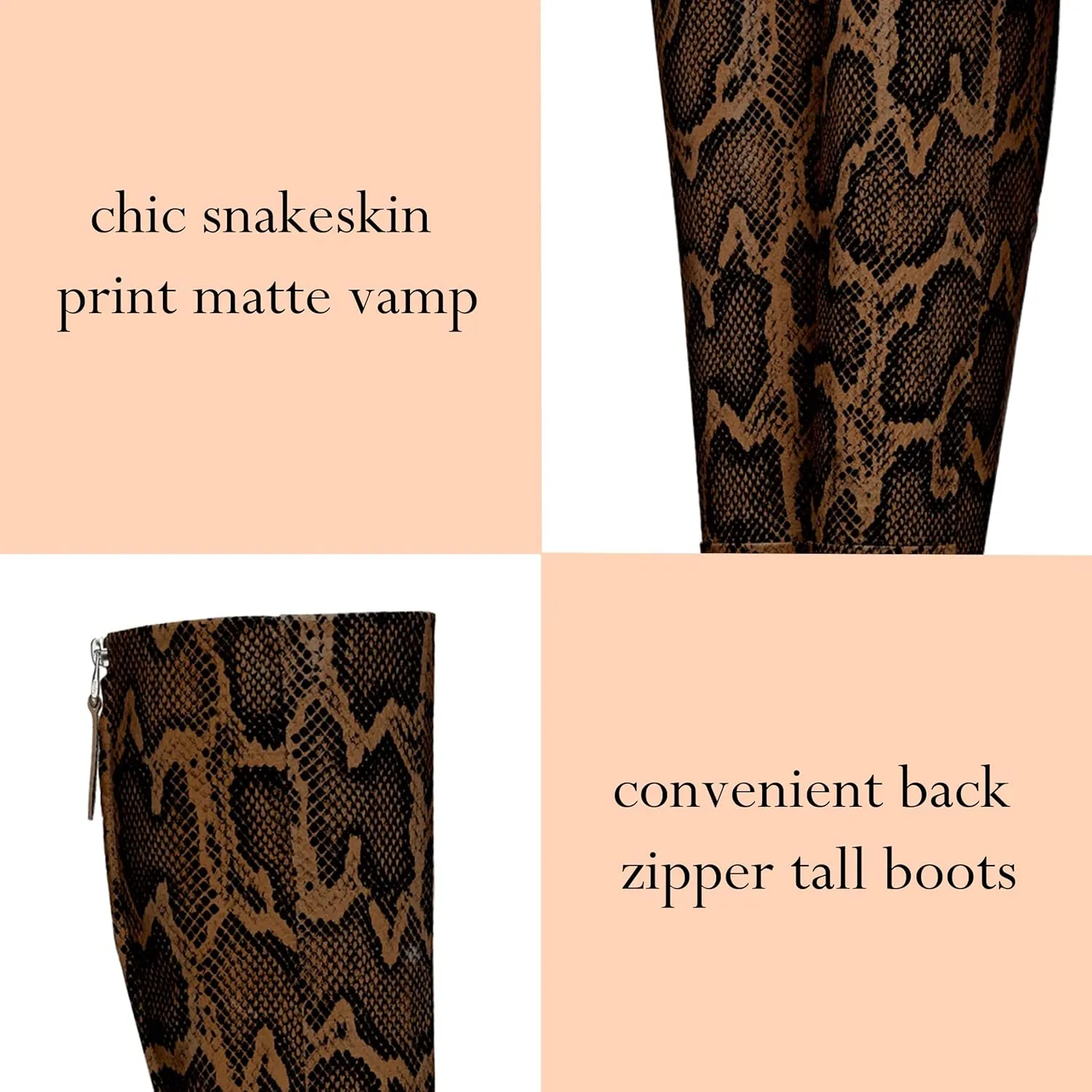Women Vintage Chunky Block Heel Knee High Western Boots Pointed Closed Toe Snakeskin Boots Back Zipper Under Knee Combat Boots Two-Toned Fall Winter Boot Office Party Dressy Chic 4-11 M US