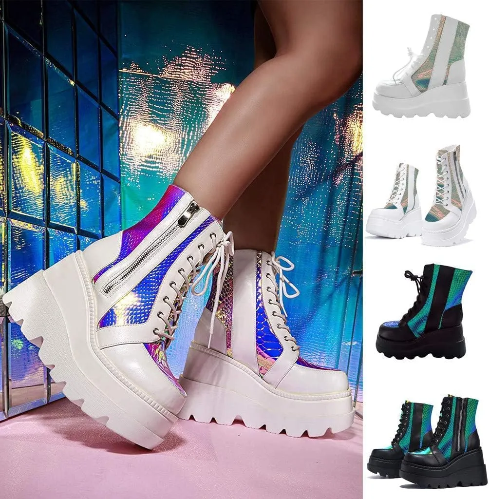 Women Wedge Ankle Boots Lace-Up Zip Round Toe High Heels Goth Combat Booties Chunky Heel Platform Motorcycle Boots