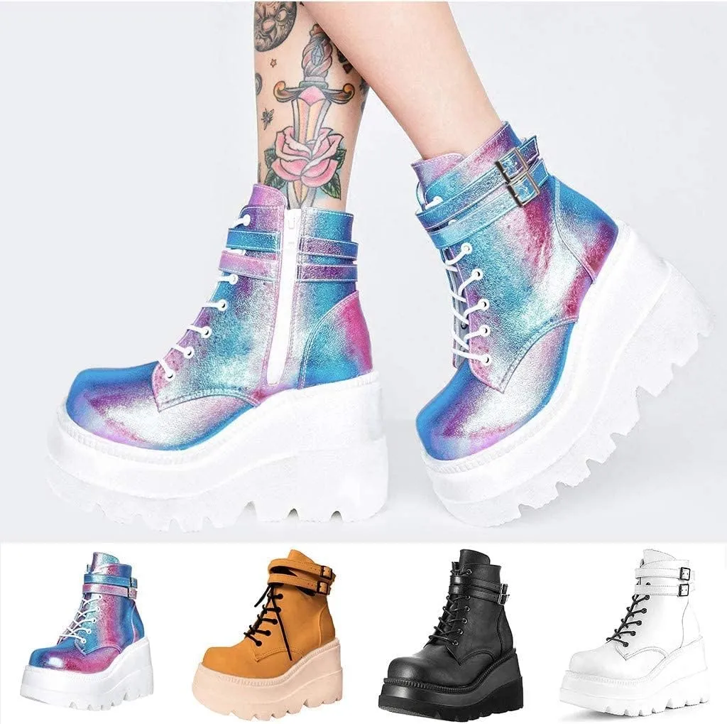 Women Wedge Ankle Boots Lace-Up Zip Round Toe High Heels Goth Combat Booties Chunky Heel Platform Motorcycle Boots