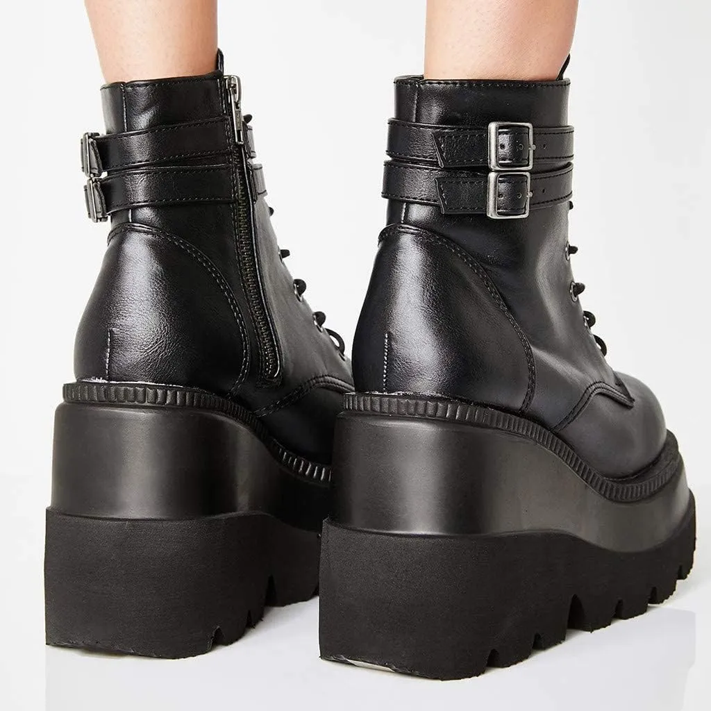 Women Wedge Ankle Boots Lace-Up Zip Round Toe High Heels Goth Combat Booties Chunky Heel Platform Motorcycle Boots