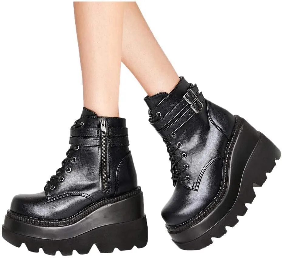 Women Wedge Ankle Boots Lace-Up Zip Round Toe High Heels Goth Combat Booties Chunky Heel Platform Motorcycle Boots
