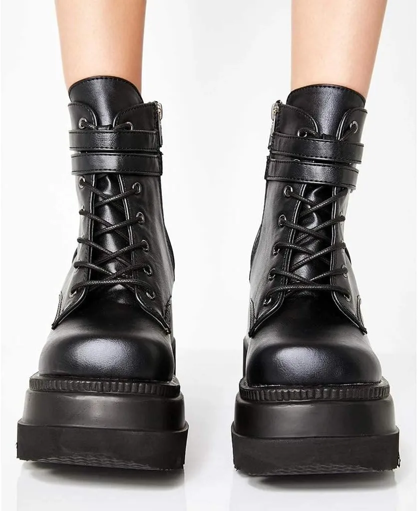 Women Wedge Ankle Boots Lace-Up Zip Round Toe High Heels Goth Combat Booties Chunky Heel Platform Motorcycle Boots