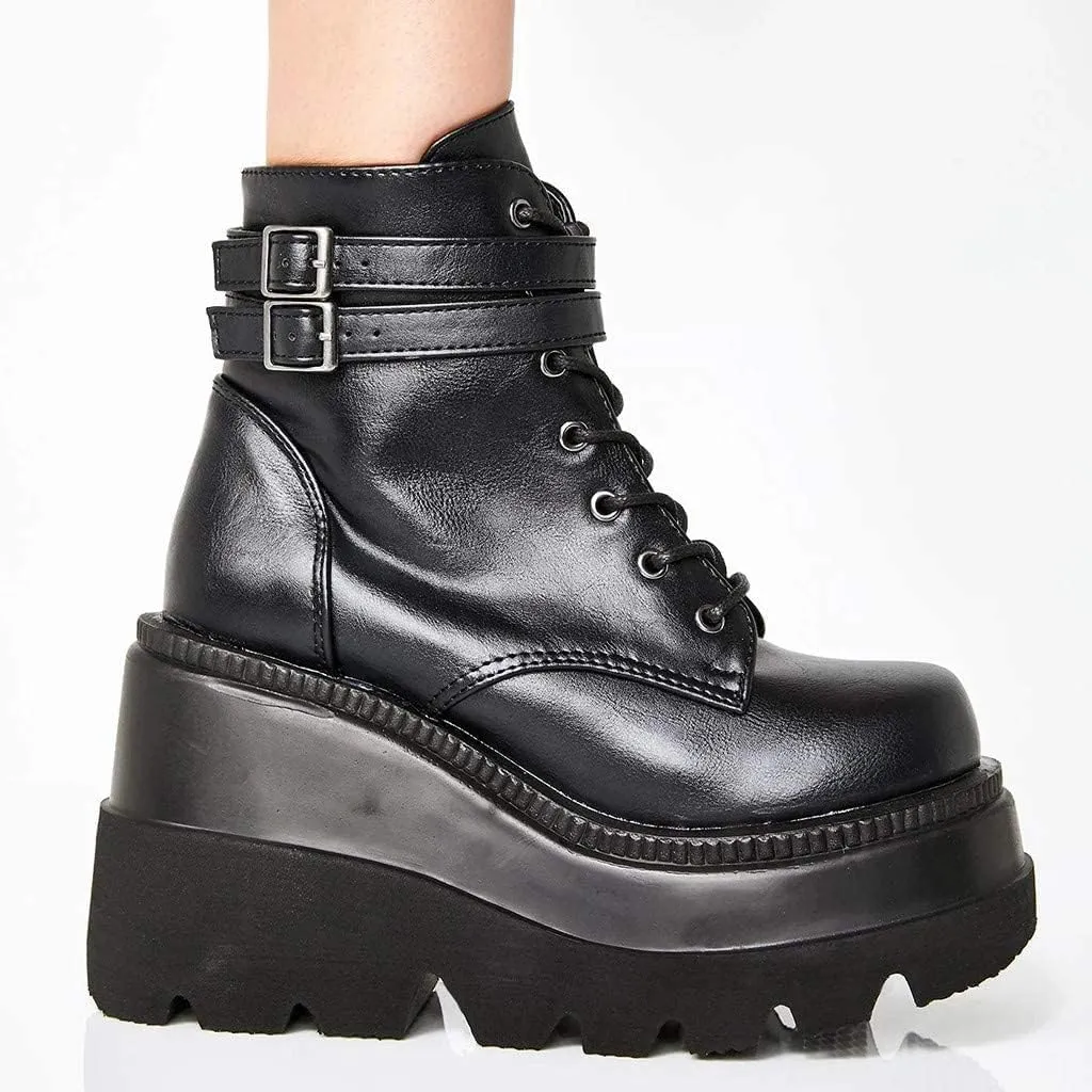 Women Wedge Ankle Boots Lace-Up Zip Round Toe High Heels Goth Combat Booties Chunky Heel Platform Motorcycle Boots